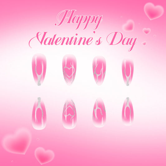 Romantic Heartfelt Pink Long Almond Press On Nail Set with Sparkling Silver Accents