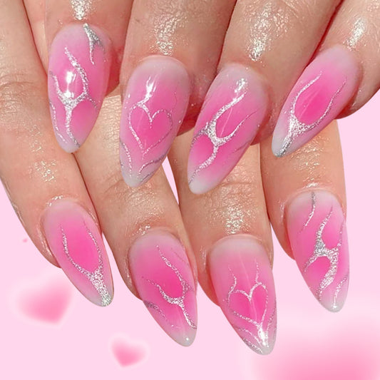 Romantic Fantasy Long Almond Pink Heart Pattern Press On Nail Set with Shimmering Silver Accents