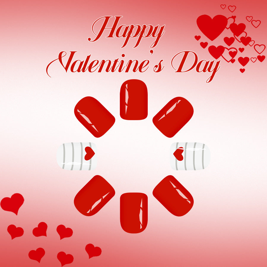 Romantic Inspiration Short Square Bright Red with Heart Accent Nail Set