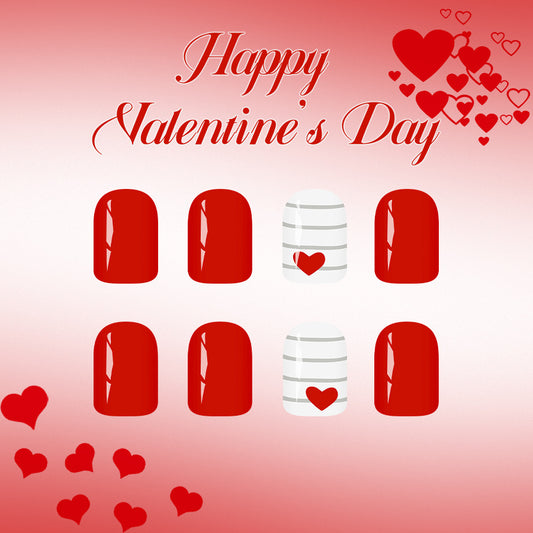 Romantic Celebration Short Square Red Nail Set with Charming Heart Accent