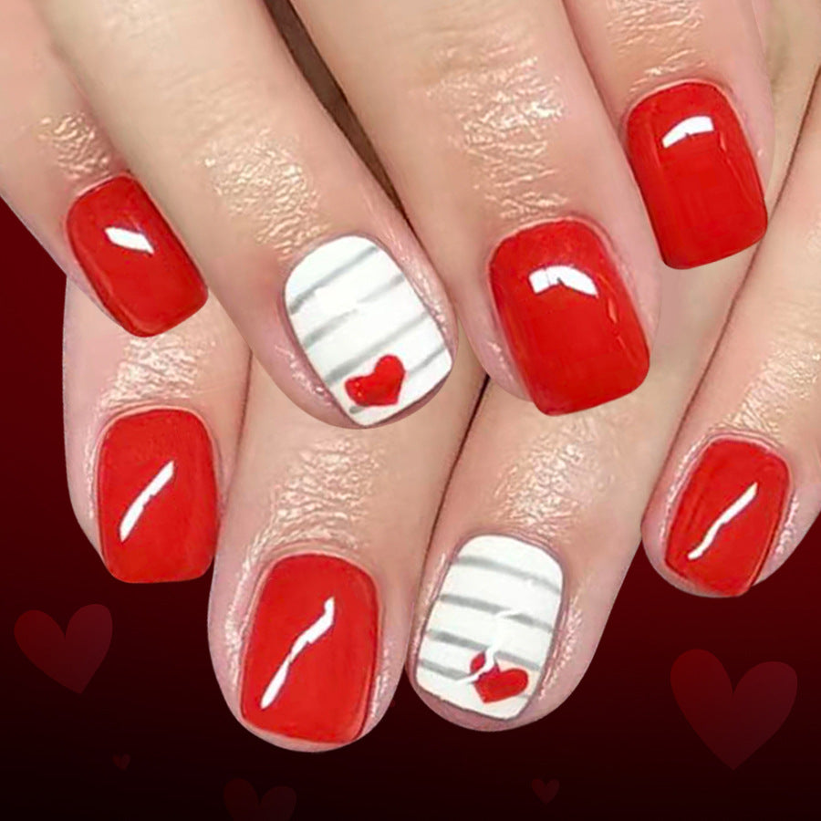 Romantic Charm Short Square Red and White Nail Set with Heart Design
