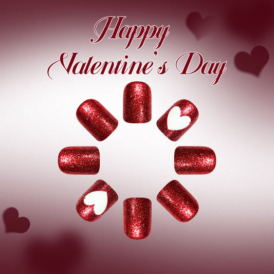 Romantic Glittering Short Square Red Nails with Heart Design for Valentine's Day
