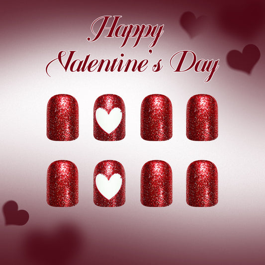 Romantic Sparkle Press on Nails Short Square Glittery Red with Heart Accent