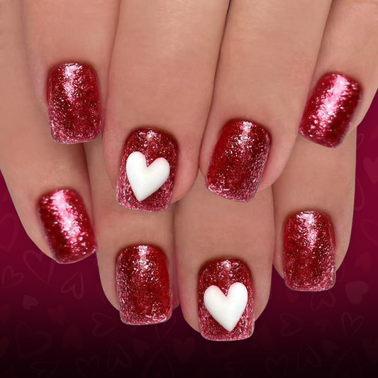 Romantic Glamour Short Square Glossy Red with Heart Accent Press on Nail Set