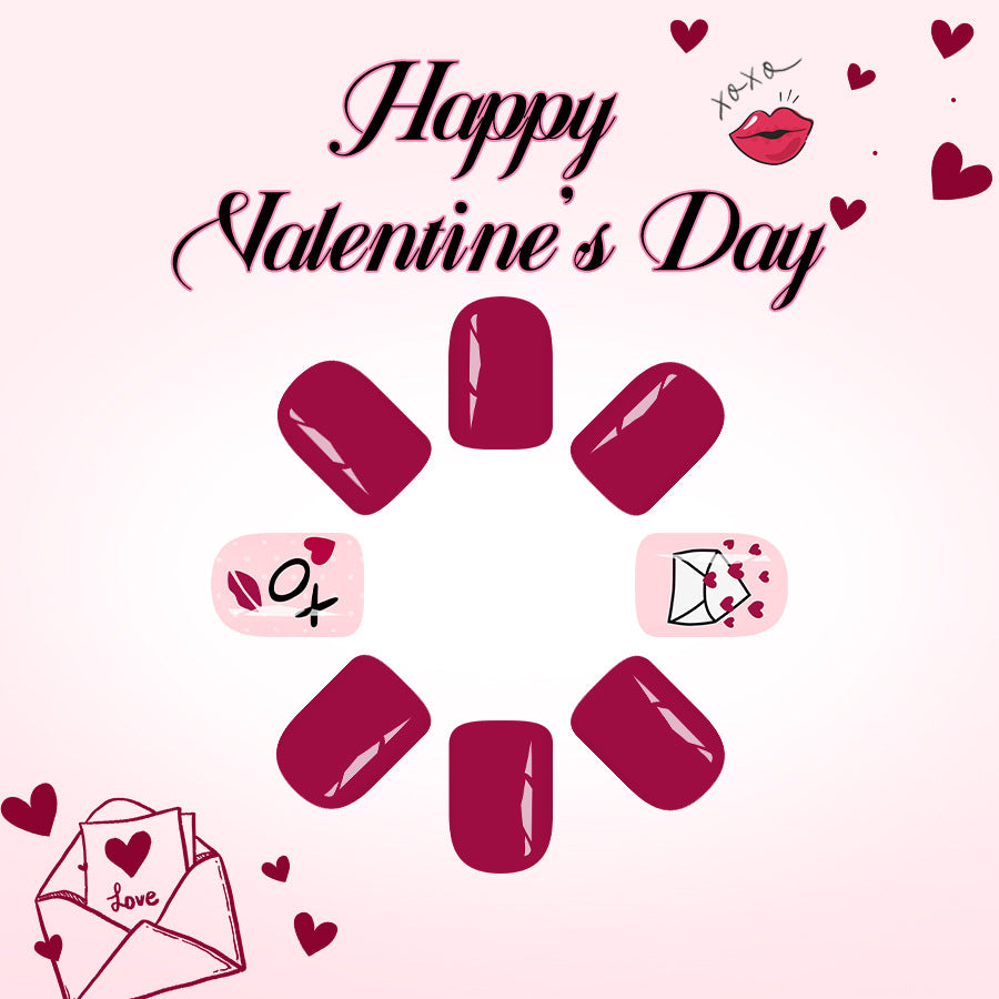Romantic Vibes Short Square Deep Red with Heartfelt Designs Nail Set