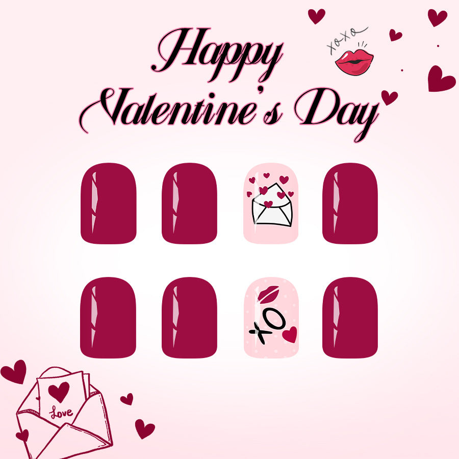 Romantic Vibes Short Square Burgundy with Love Letter and Kiss Design Press-on Nail Set
