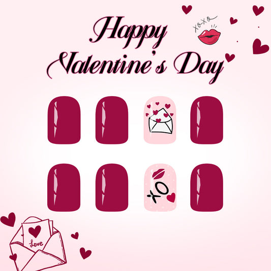 Romantic Vibes Short Square Burgundy with Love Letter and Kiss Design Press-on Nail Set