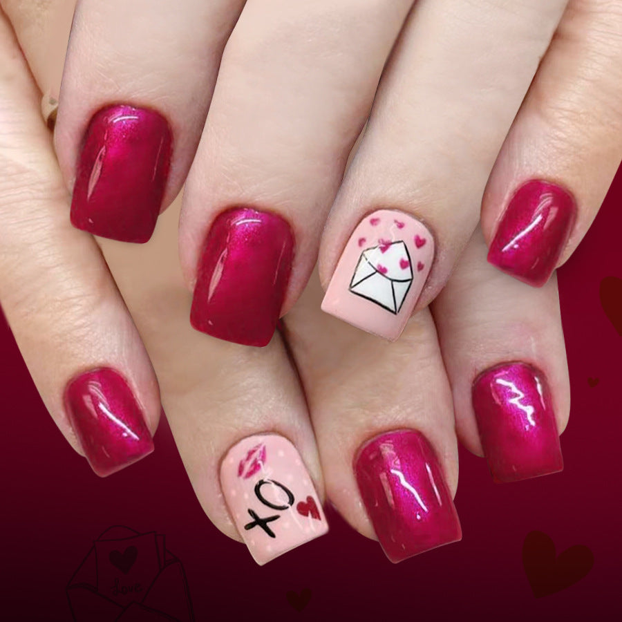 Love Letter Glamour Short Square Burgundy and Soft Pink Press On Nail Set with Heart and Envelope Designs