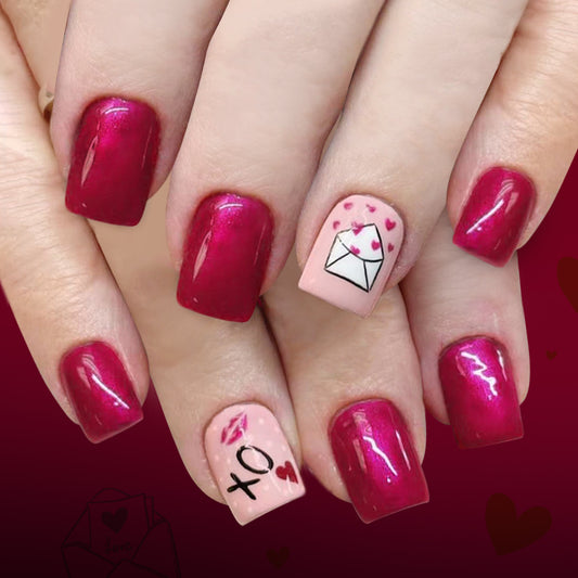 Love Letter Glamour Short Square Burgundy and Soft Pink Press On Nail Set with Heart and Envelope Designs