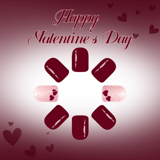 Romantic Bliss Short Square Deep Red with Heart Glitter Accent Press On Nail Set