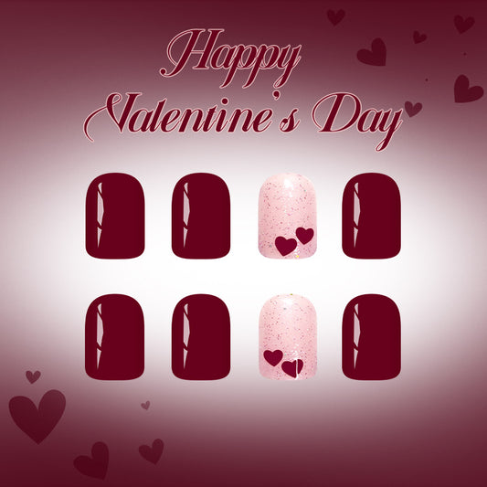 Romantic Elegance Short Square Deep Red with Heart Accent Press On Nail Set