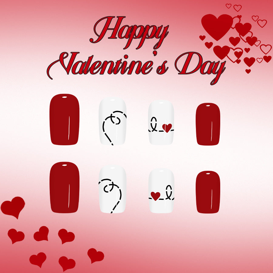 Romantic Heartfelt Medium Square Press On Nail Set in Red and White Oval with Love Heart Designs