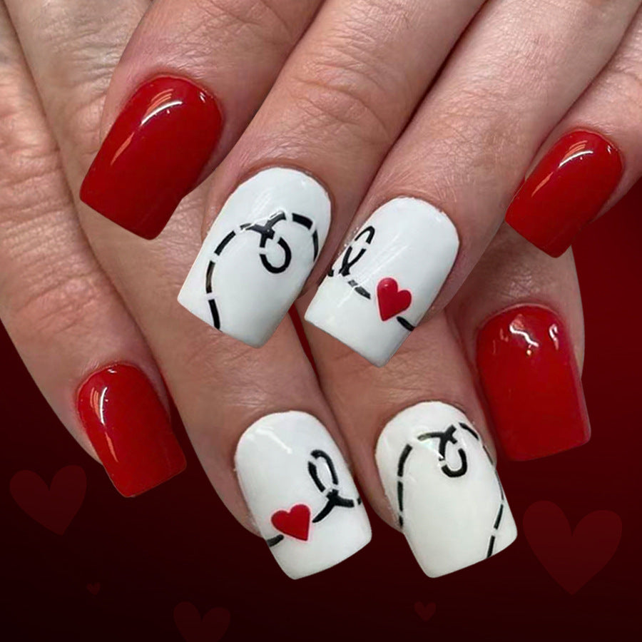 Romantic Adventure Medium Square Red and White with Heart Accent Nail Set