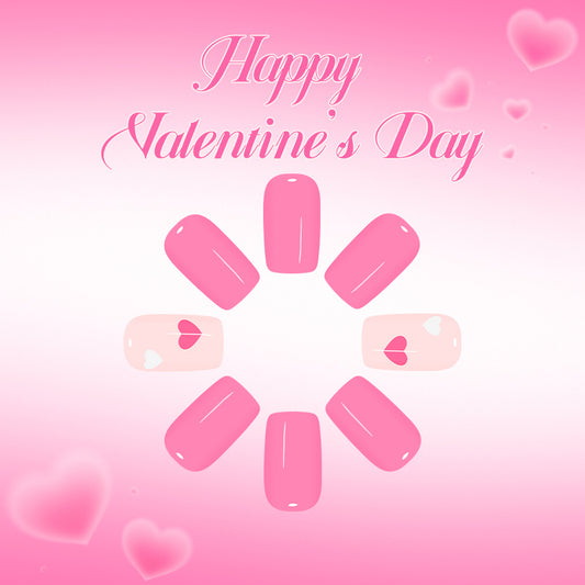 Romantic Charm Medium Square Pink Press On Nail Set with Heart Accent
