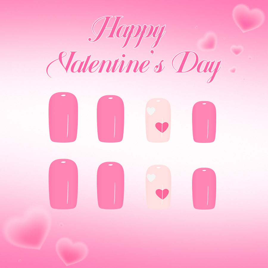 Romantic Vibes Glossy Medium Square Pink Press On Nail Set with Heart Designs