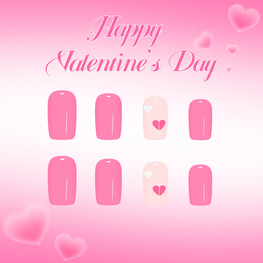 Romantic Vibes Glossy Medium Square Pink Press On Nail Set with Heart Designs