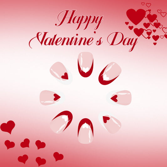 Romantic Heart Medium Oval Pink and Red Press On Nail Set with Charming Heart Designs