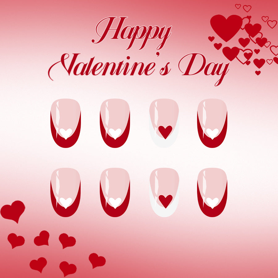 Romantic Charm Medium Oval Red and Pink Press On Nail Set with Heart Design