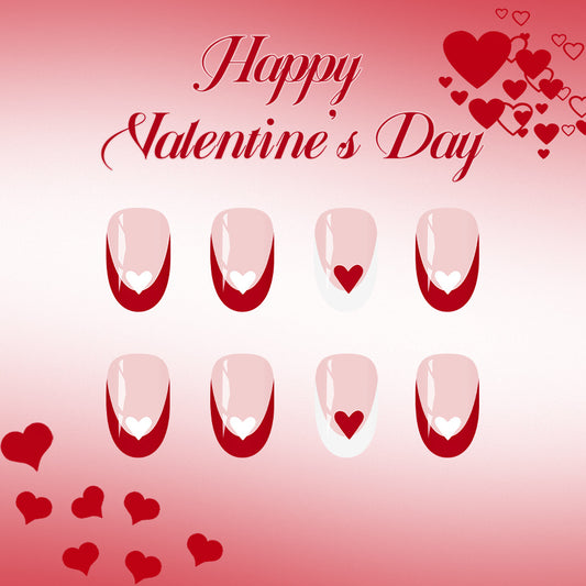 Romantic Charm Medium Oval Red and Pink Press On Nail Set with Heart Design