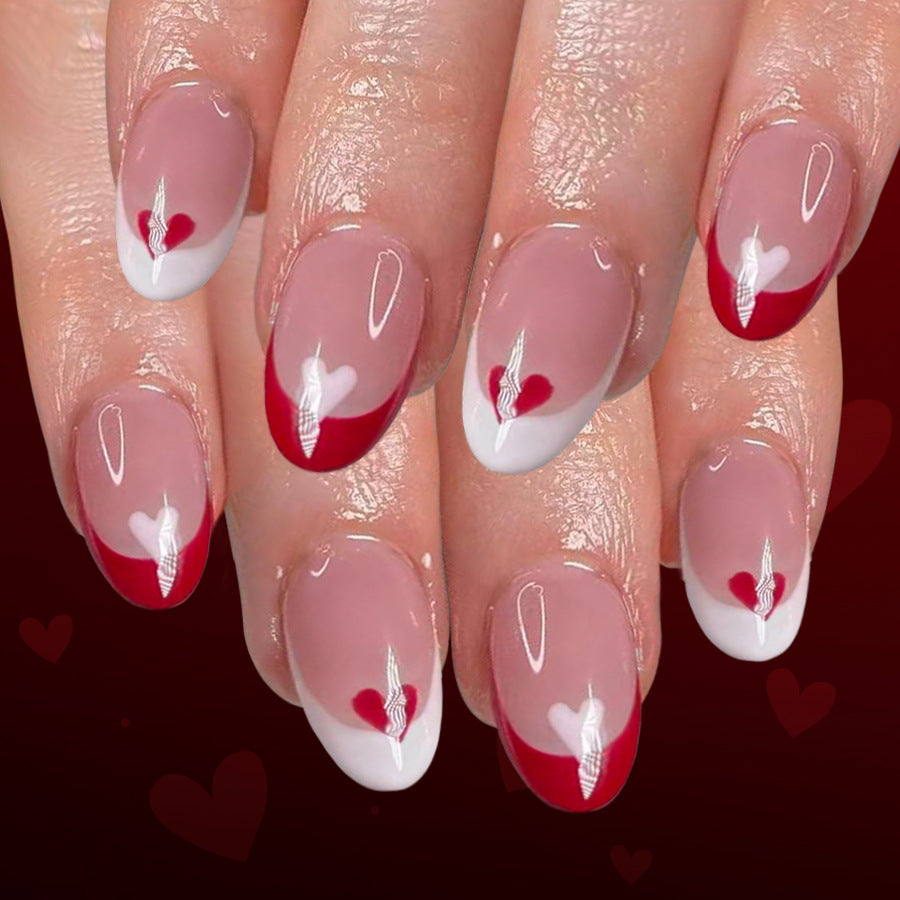 Romantic Heart Shaped Medium Round Glossy Red and White Press On Nail Set with Artistic Design