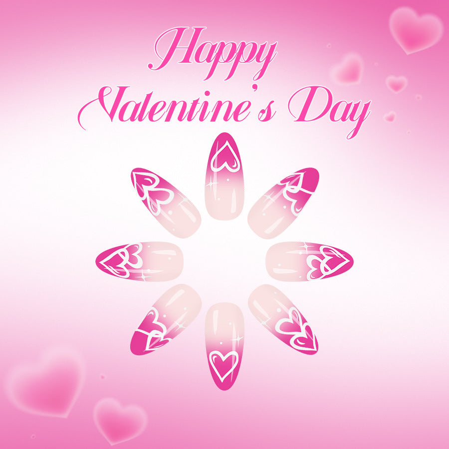 Romantic Heart Long Almond Pink Press On Nail Set with Glittering Heart Detail