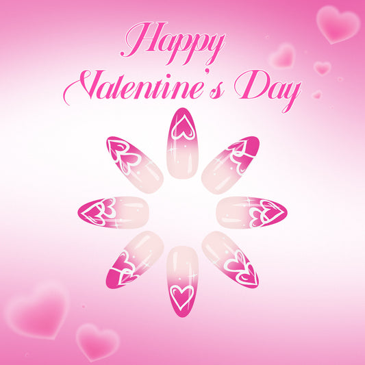 Romantic Heart Long Almond Pink Press On Nail Set with Glittering Heart Detail