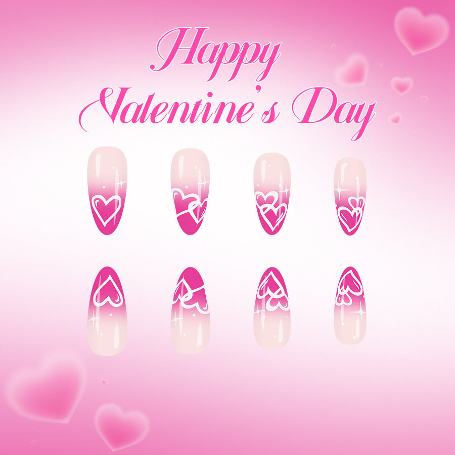 Romantic Heart-themed Long Almond Pink Press-on Nail Set with Glittering Design