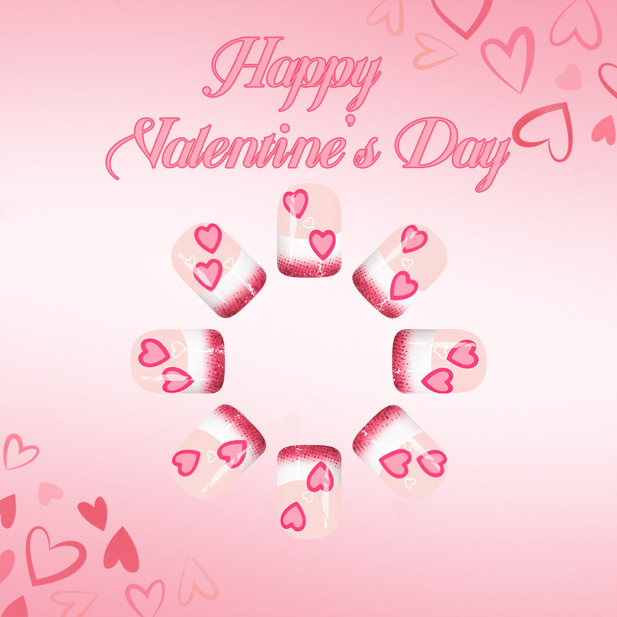 Love Inspired Soft Short Square Pink Ombre with Heart Designs Press On Nail Set