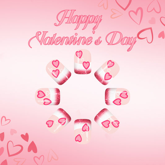 Love Inspired Soft Short Square Pink Ombre with Heart Designs Press On Nail Set