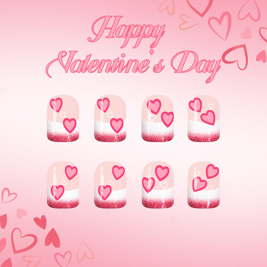 Valentine's Day Delight Short Square Pink with Heart Design and Glitter Accent Press On Nail Set