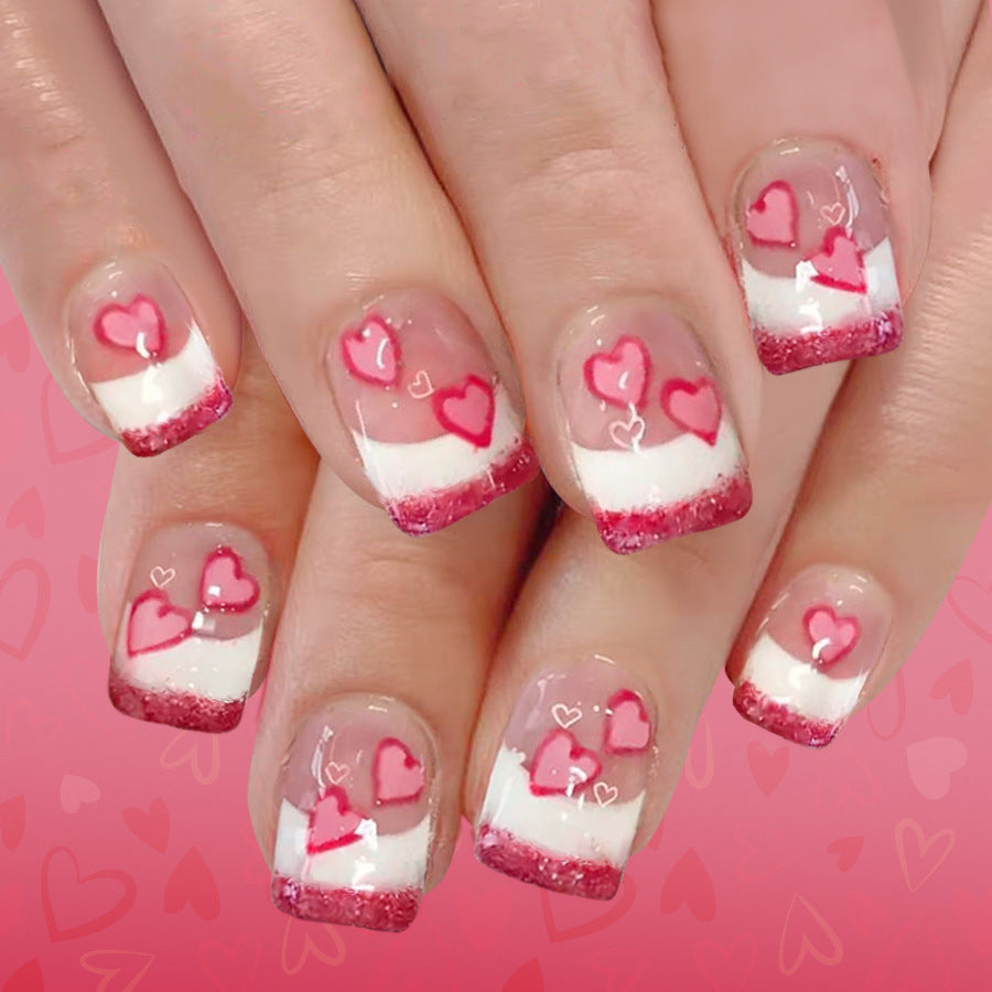 Romantic Heartfelt Short Square Pink Ombre Glitter Press On Nail Set with Adorable Heart Designs