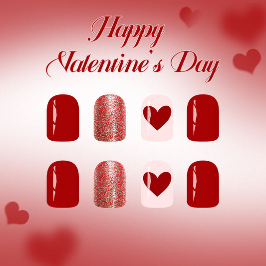 Romantic Love Themed Short Square Red and Glittery with Heart Design Press On Nail Set