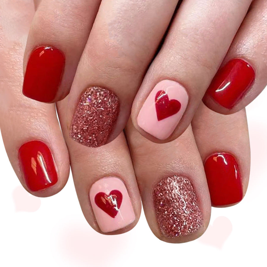 Romantic Glamour Red Short Square Press-On Nail Set with Sparkling Glitter and Heart Accents