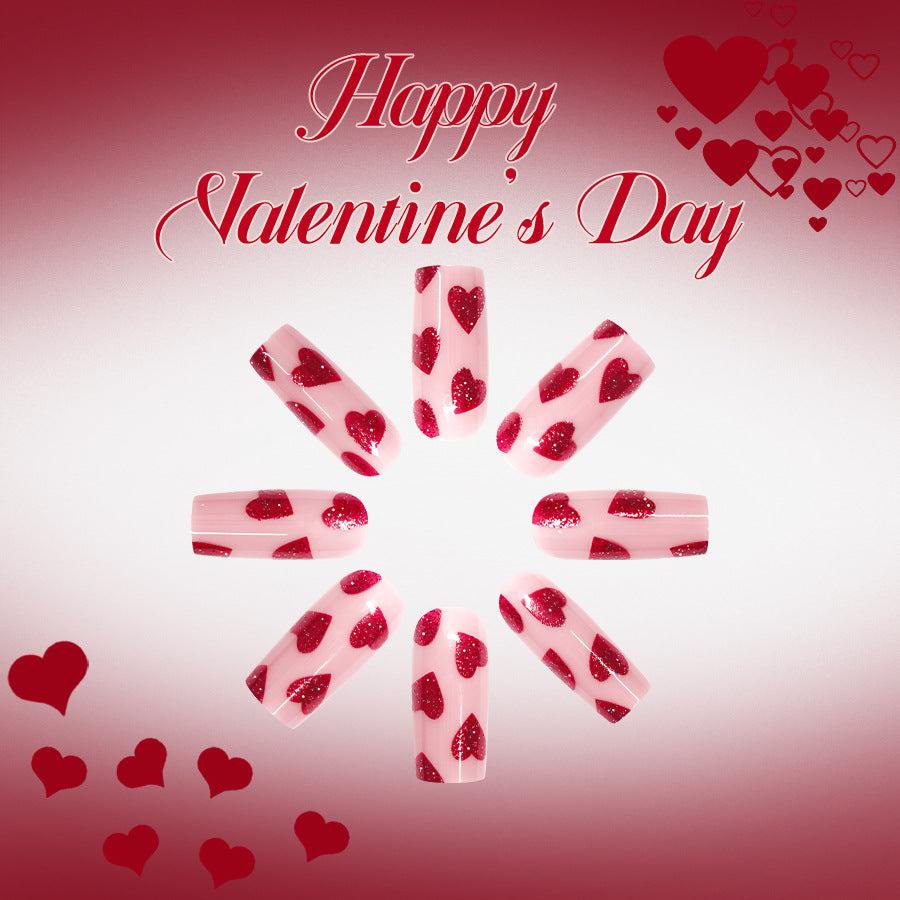 Romantic Heart-Shaped Long Square Pink Glitter Press-On Nail Set