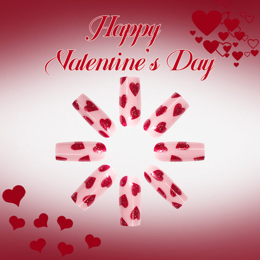 Romantic Heart-Shaped Long Square Pink Glitter Press-On Nail Set