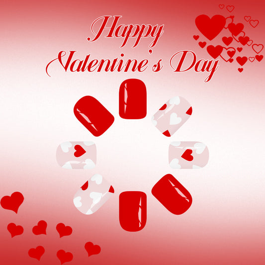 Romantic Love Press Nail Set Short Square Red with Heart Designs