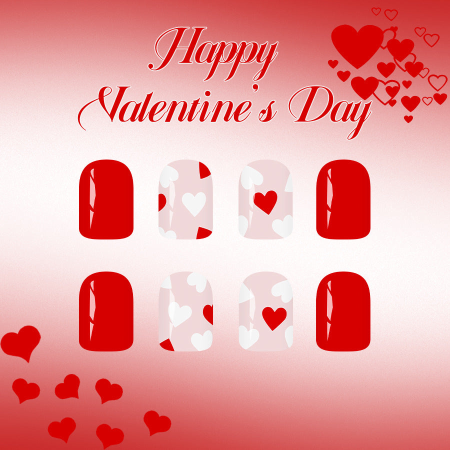 Romantic Hearts Press On Nail Set Long Oval Bright Red with Cute Love Heart Patterns
