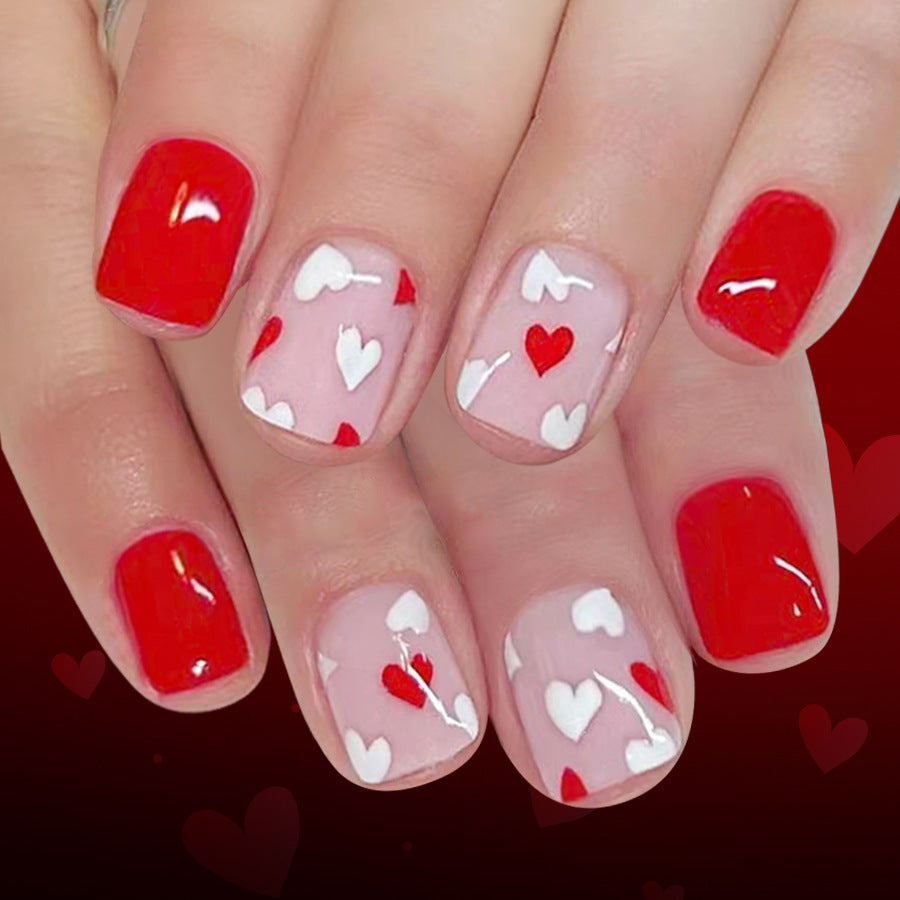 Romantic Heartfelt Short Square Red and Pink Press on Nail Set with Charming Heart Designs