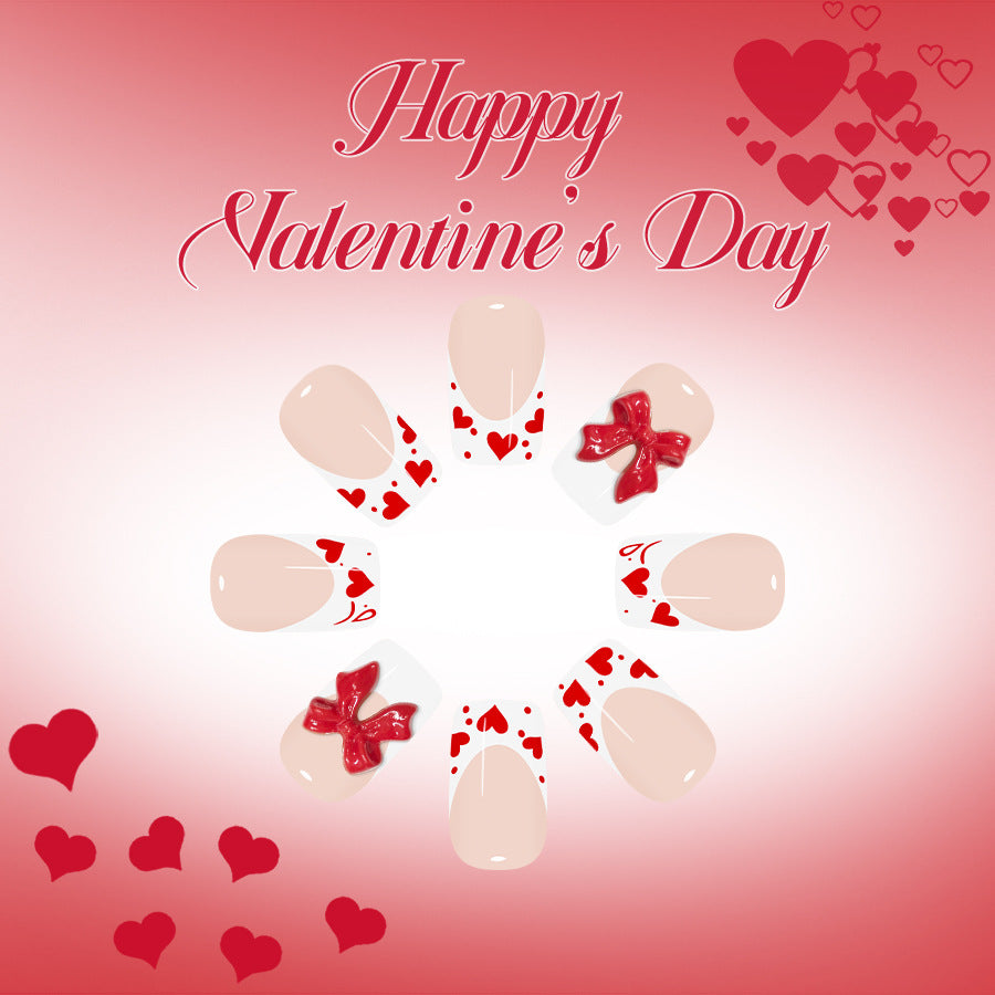Romantic Heart Themed Medium Square Shaped Soft Pink with Delightful Red Bow and Heart Accents Press On Nail Set