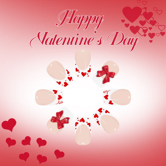 Romantic Heart Themed Medium Square Shaped Soft Pink with Delightful Red Bow and Heart Accents Press On Nail Set