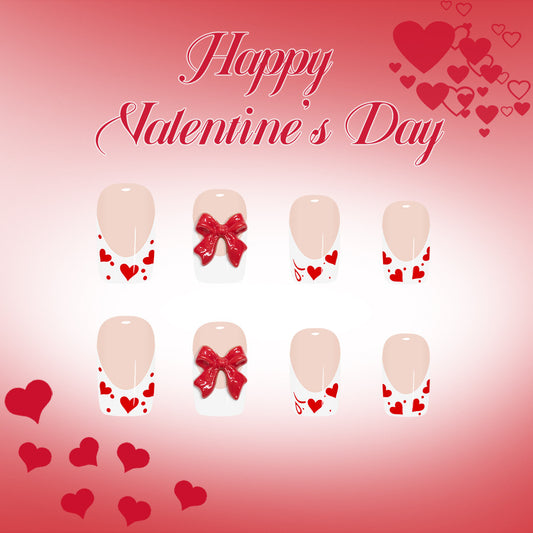 Romantic Heartfelt Love Red Press-On Nail Set in Medium Square Shape with Adorable Bow Detail