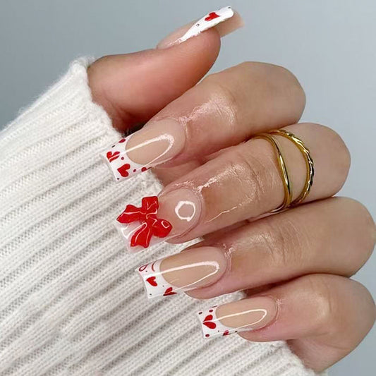 Charming Love Inspired Long Square Press On Nail Set in Long White with Red Heart and Bow Design