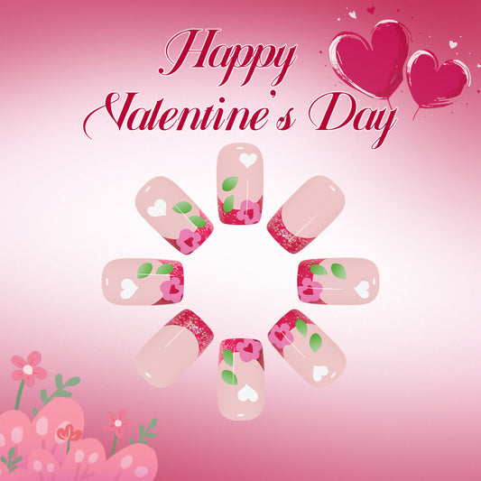 Valentine's Day Delight Medium Square Pink with Floral Accents and Shimmering Tips Press On Nail Set
