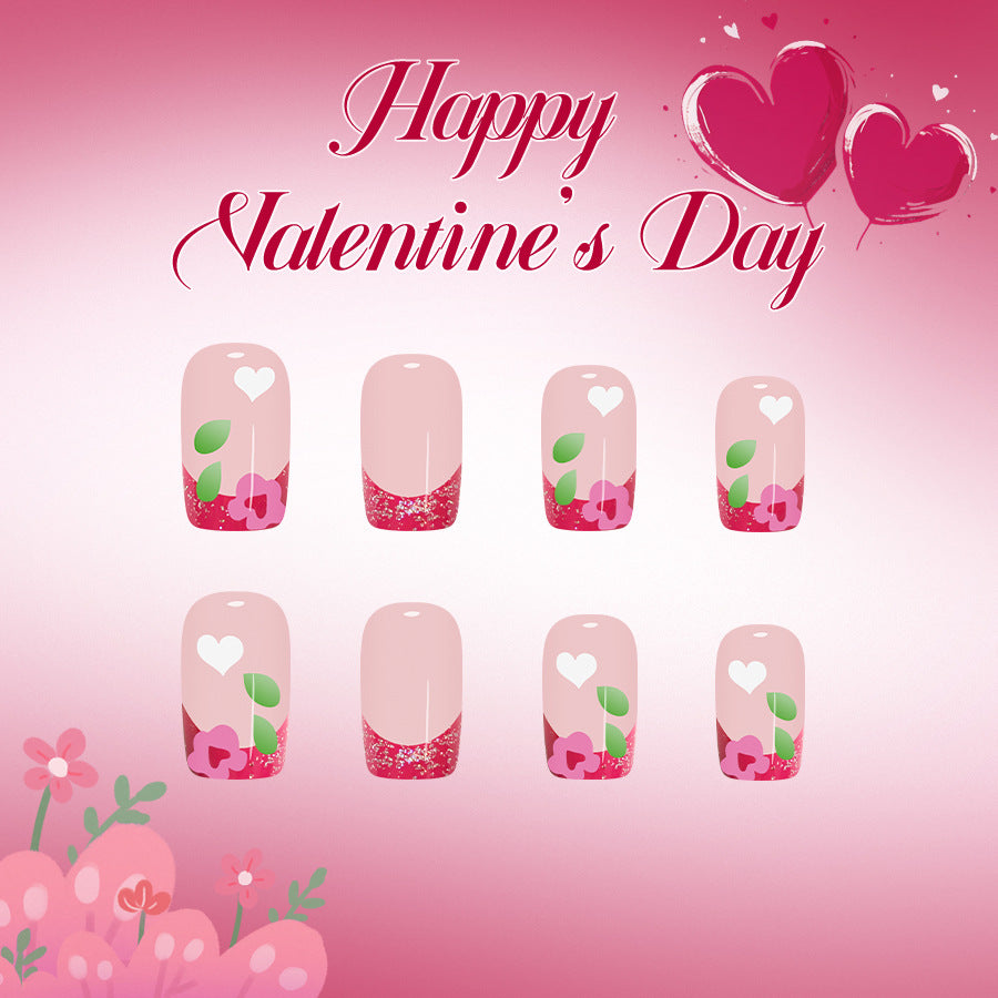 Romantic Blossom Medium Square Pink with Heart and Floral Design Press On Nail Set