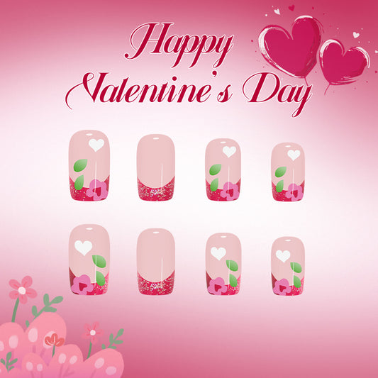 Romantic Blossom Medium Square Pink with Heart and Floral Design Press On Nail Set
