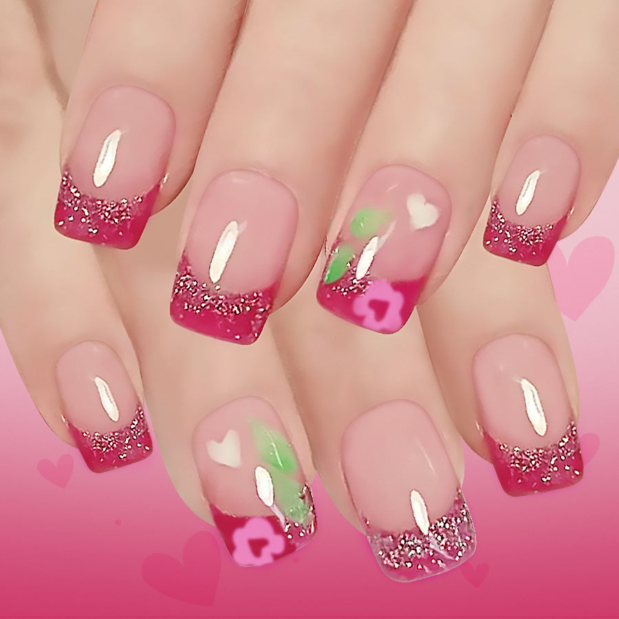 Romantic Elegance Medium Square Pink Glitter Ombre with Floral Accents Press On Nail Set