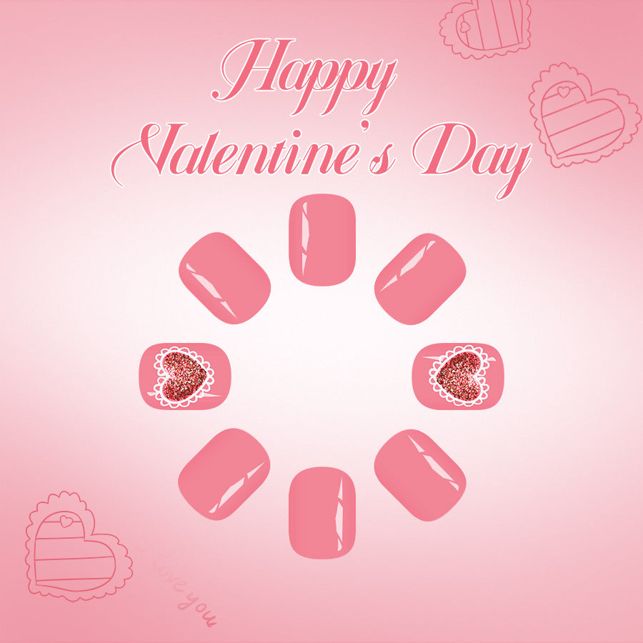 Romantic Celebration Short Squoval Pink Press-On Nail Set with Heart Glitter Design