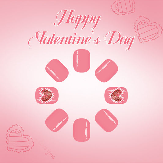 Romantic Celebration Short Squoval Pink Press-On Nail Set with Heart Glitter Design