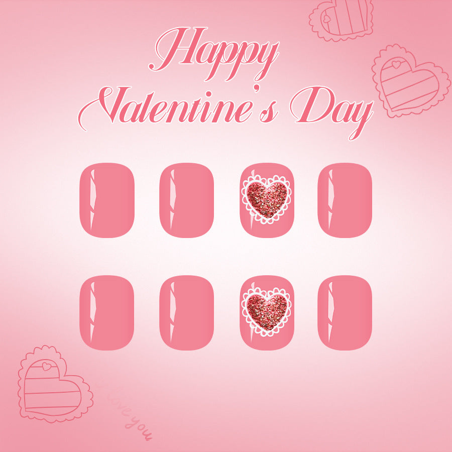 Romantic Celebration Short Squoval Pink Press On Nail Set with Heart Shaped Glitter Accent