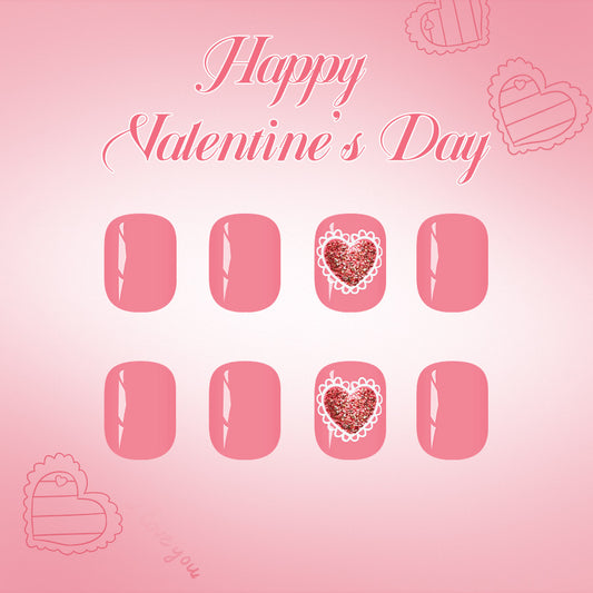 Romantic Celebration Short Squoval Pink Press On Nail Set with Heart Shaped Glitter Accent